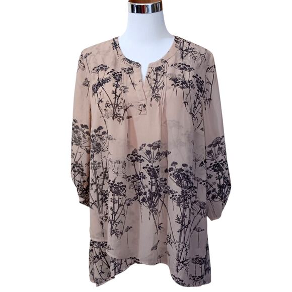 Artsy Boho Semi Sheer Tunic Top Blouse Loose SM Floral‎ Cottagecore Beige Pink - Picture 1 of 13